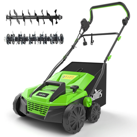 SOYUS 15-Inch 13-Amp Electric Dethatcher and Scarifier with 45L Removable Thath Collection Bag, Corded Lawn Dethatcher with 5-Position Depth Adjustment, Quick-Fold, Increases Lawn Health