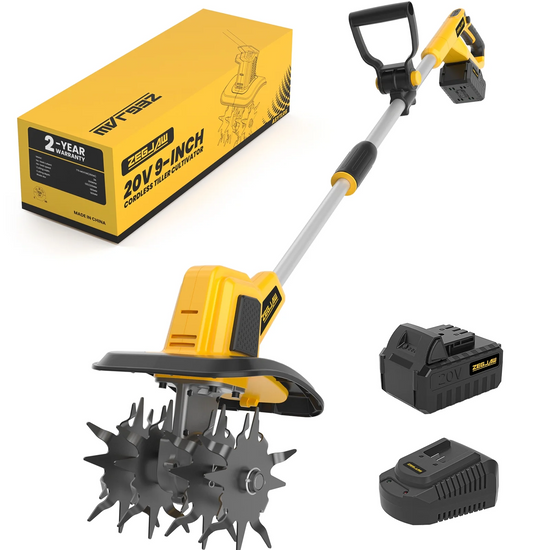 20V Cordless Electric Tiller, 9-Inch Garden Cultivator 360RPM Battery Powered Rototiller Portable Lightweight Efficient Tilling Includes 4.0Ah Battery and Charger