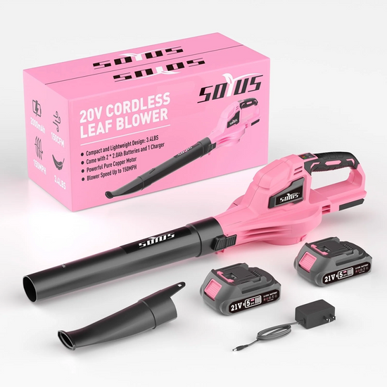 SOYUS Leaf Blower, 21V Leaf Blower Cordless with 2x2.0Ah Battery and Charger, 150 MPH Electric Leaf Blower with Two-Speed Mode, Blowers for Lawn Care, Debris Dust Cleaning（Pink）
