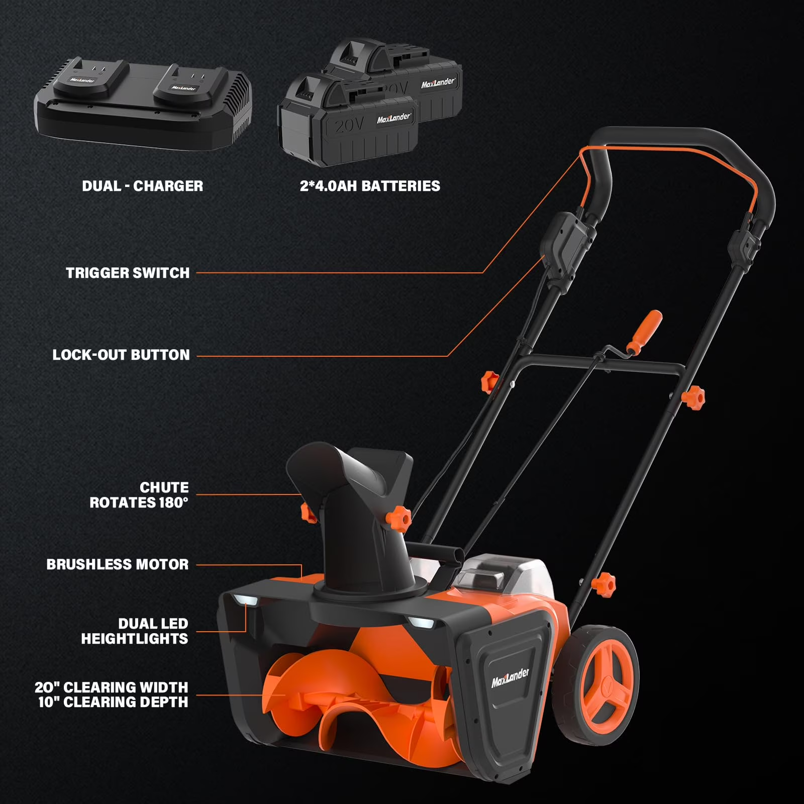 MAXLANDER Snow Blower Cordless, 40V 20-Inch Brushless Cordless Snow Blower with Dual LED Lights, 180° Rotating Chute, Electric Snow Blower Battery Powered（2 x 4.0Ah Batteries and Charger Included）
