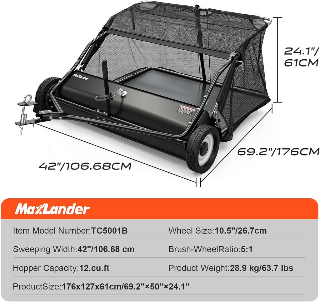 Maxlander 42 Inch Tow-Behind Lawn Sweeper, 12 Cu.Ft Hopper, Adjustable Brushes, Universal Hitch for Lawn Tractor Yard Cleanup