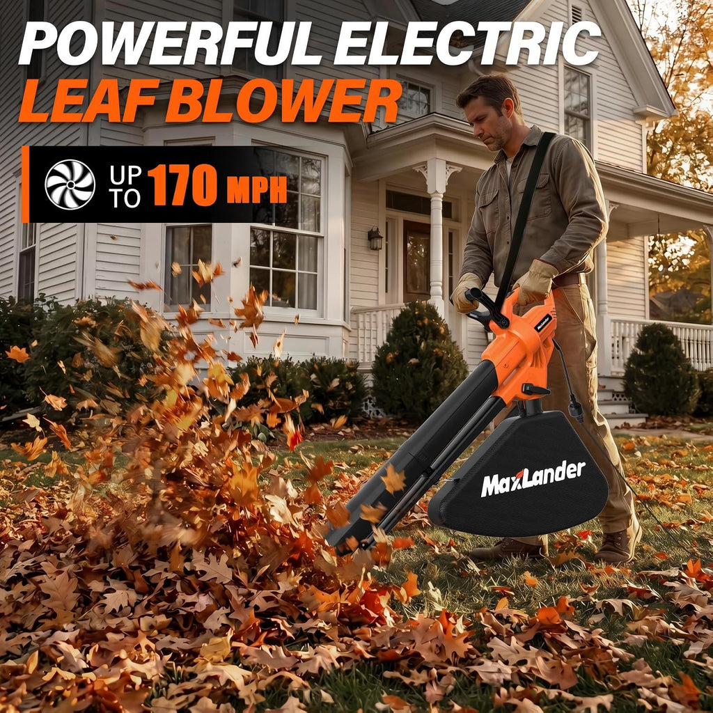 MAXLANDER 3 in 1 Electric Corded Leaf Blower, Leaf Vacuum and Leaf Mulcher | 460CFM 170MPH Powerful Leaf Vacuum with 34L Collection Bag, 10:1 Mulch Ratio, Corded Leaf Blowers for Lawn Yard Cleanup