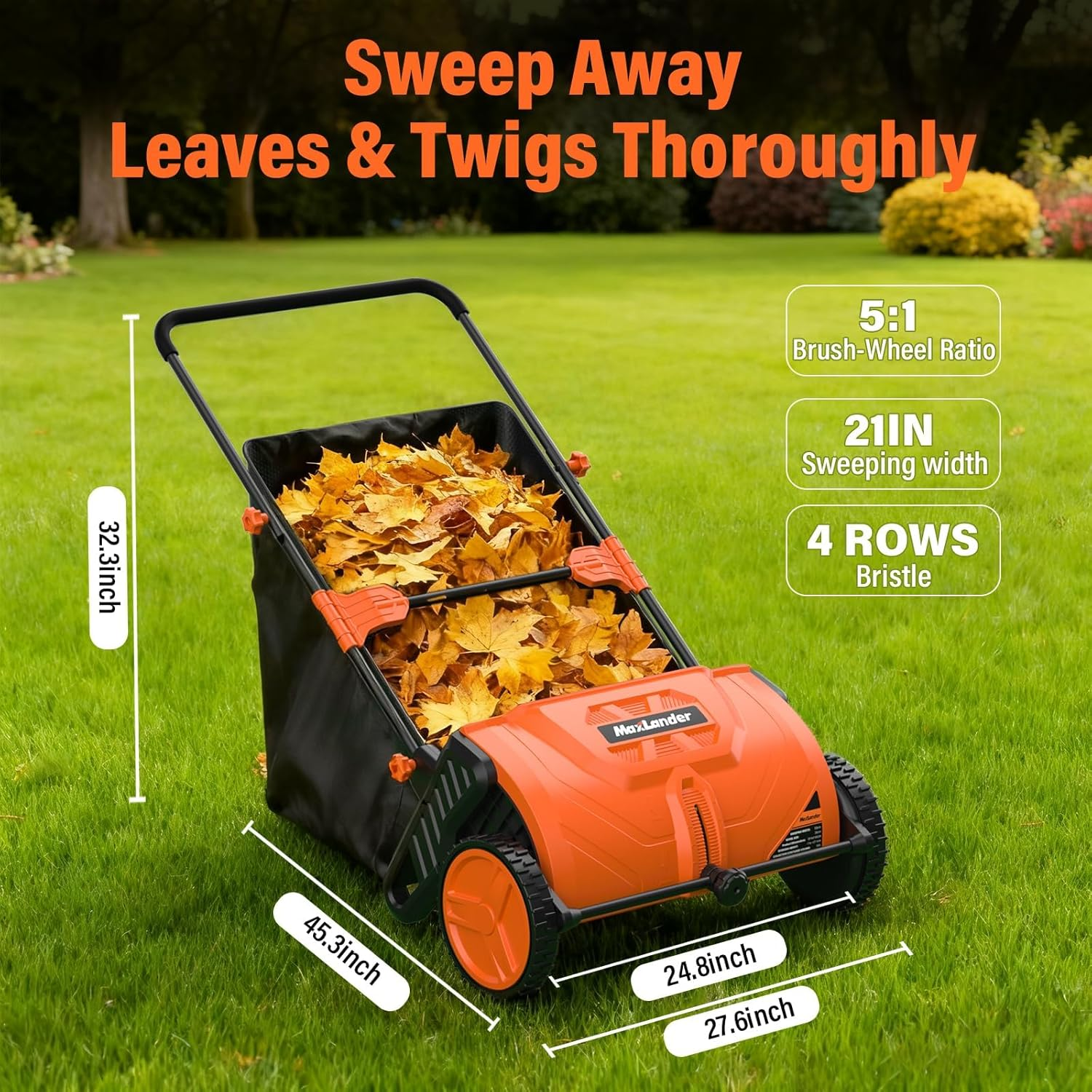 MAXLANDER 21-Inch Push Lawn Sweeper, Walk-Behind Leaf & Grass Collector with 3.5 Cu.Ft. Hopper, Adjustable Brush Height for Quick Yard Cleanup Grass Catchers