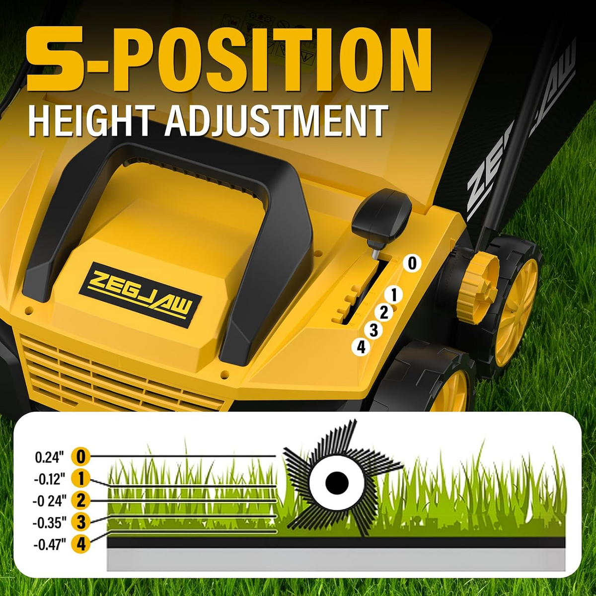 ZEGJAW 15” Artificial Turf Sweeper, 13 Amp Lawn Sweeper, Support 5-Position Depth Adjustment with 45L Removable Collection Bag, Quick-Fold, for Artificial Grass, Keep Your Yard Tidy