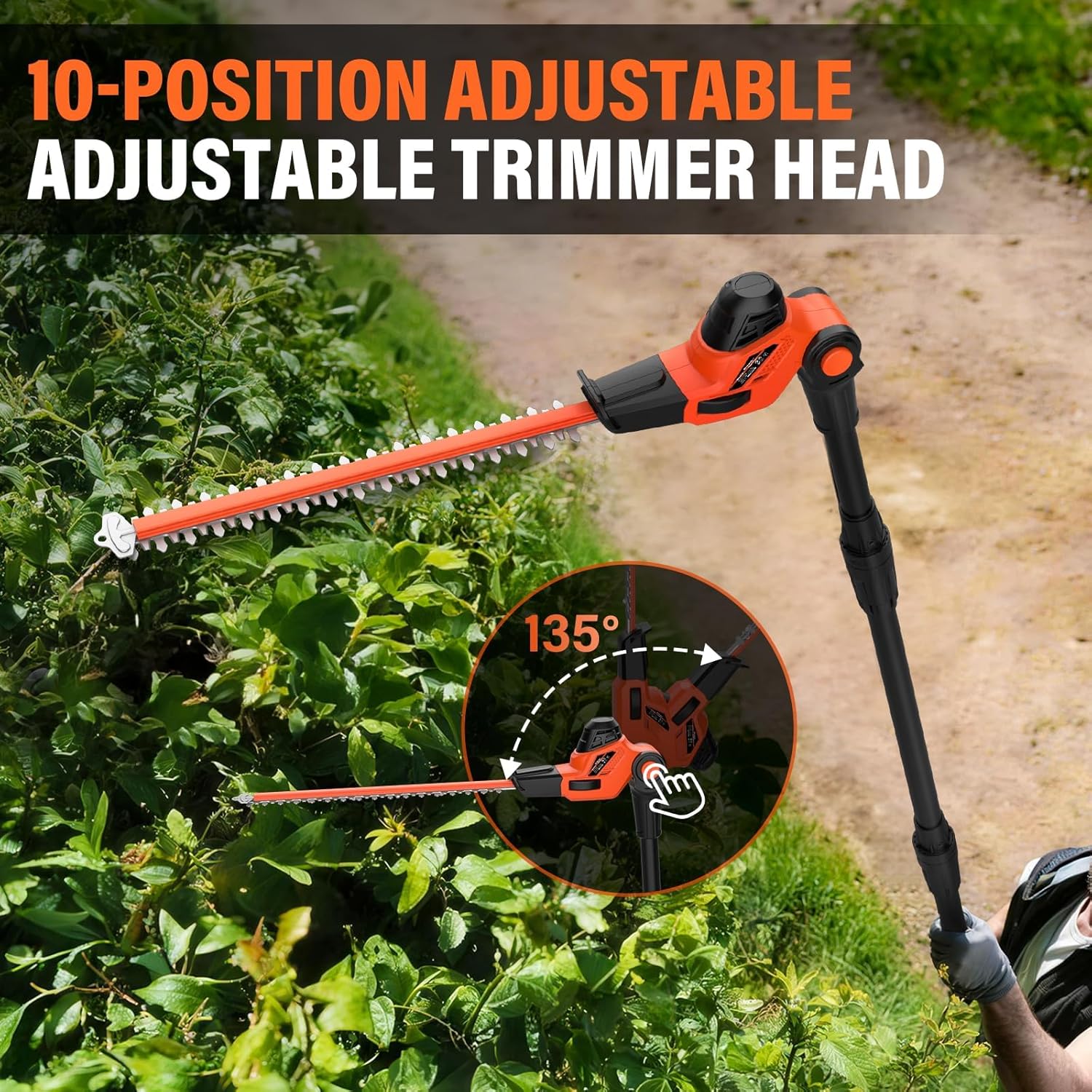 MAXLANDER 18in Cordless Pole Hedge Trimmer, 16ft Max Reach with Extension Pole, Multi-Angle Adjustable, 2×2.0Ah Batteries & Charger Included for Yard Trimming