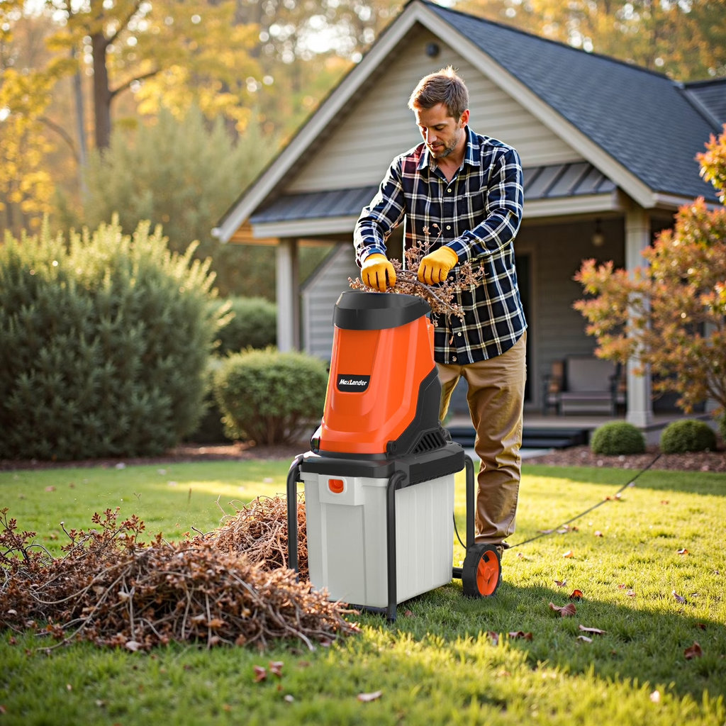 MAXLANDER 15-Amp 120V Heavy-Duty Electric Wood Chipper, Equipped with 1.2 Bushel Collection Bin for Yard Branch Shredding