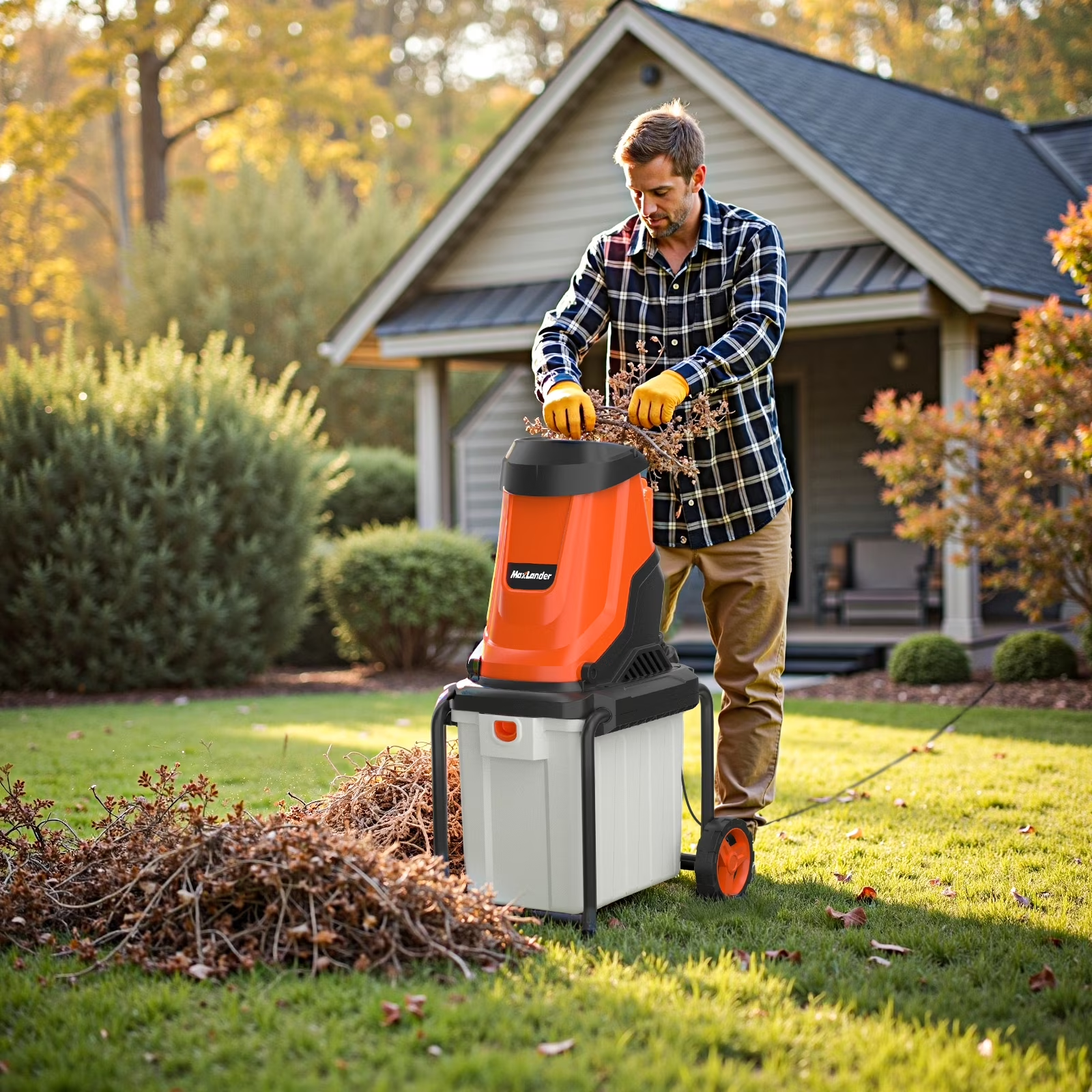 MAXLANDER 15-Amp 120V Heavy-Duty Electric Wood Chipper, Equipped with 1.2 Bushel Collection Bin for Yard Branch Shredding