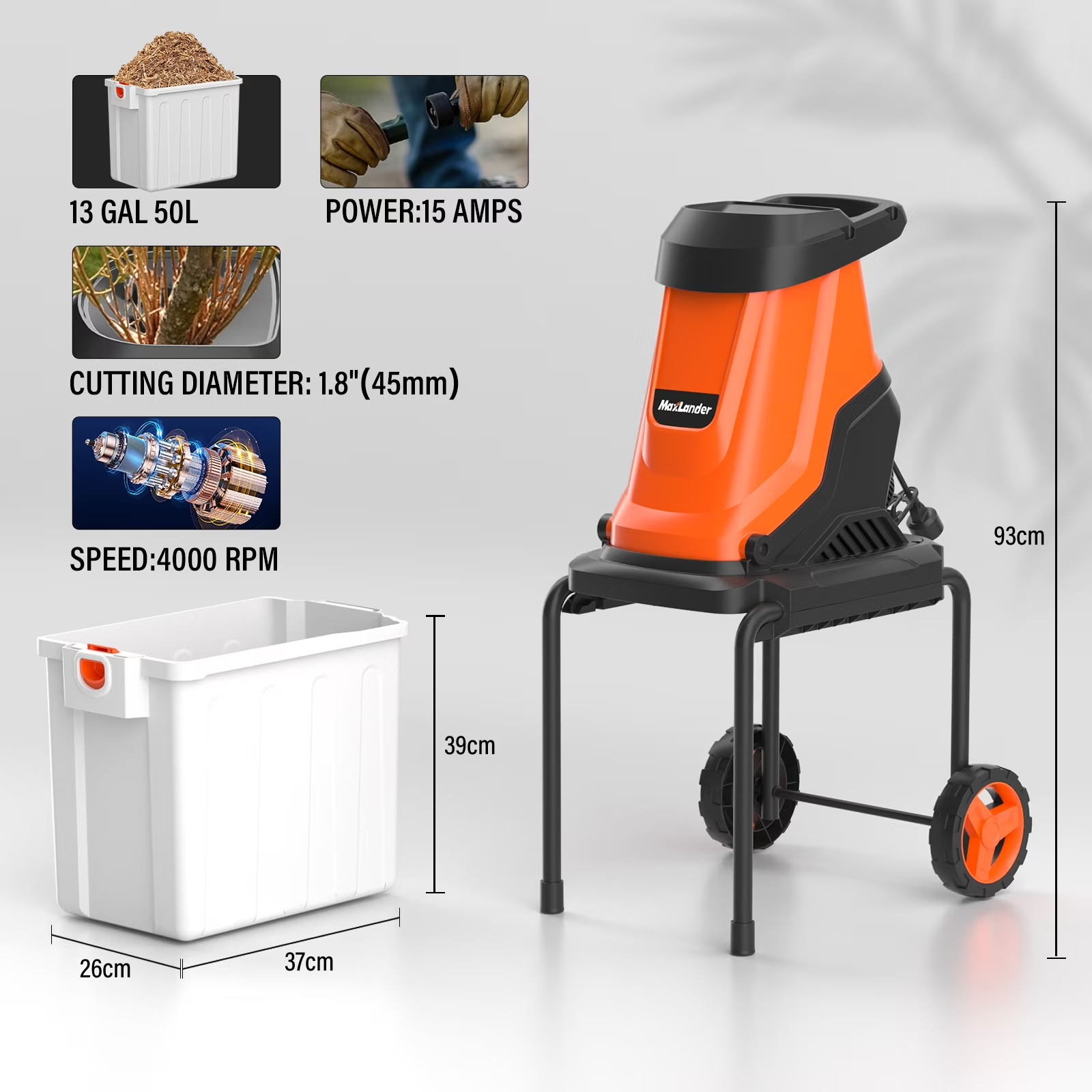 MAXLANDER 15-Amp 120V Heavy-Duty Electric Wood Chipper, Equipped with 1.2 Bushel Collection Bin for Yard Branch Shredding