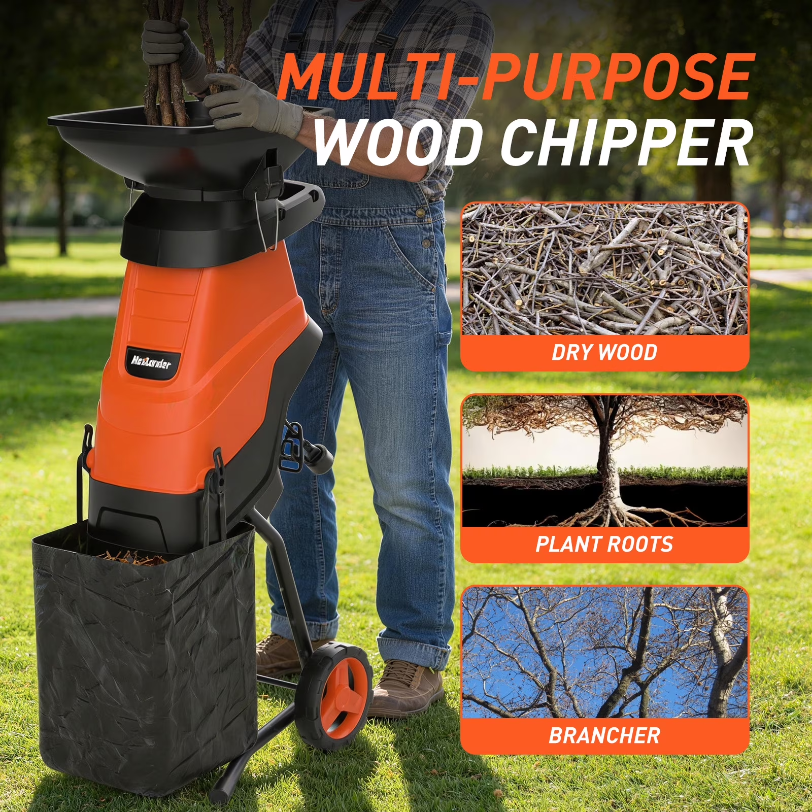 MAXLANDER 15A Corded Wood Chipper Shredder, 1.75in Cutting Capacity, Yard Branch Mulcher with Collection Bag for Composting Twigs & Garden Waste