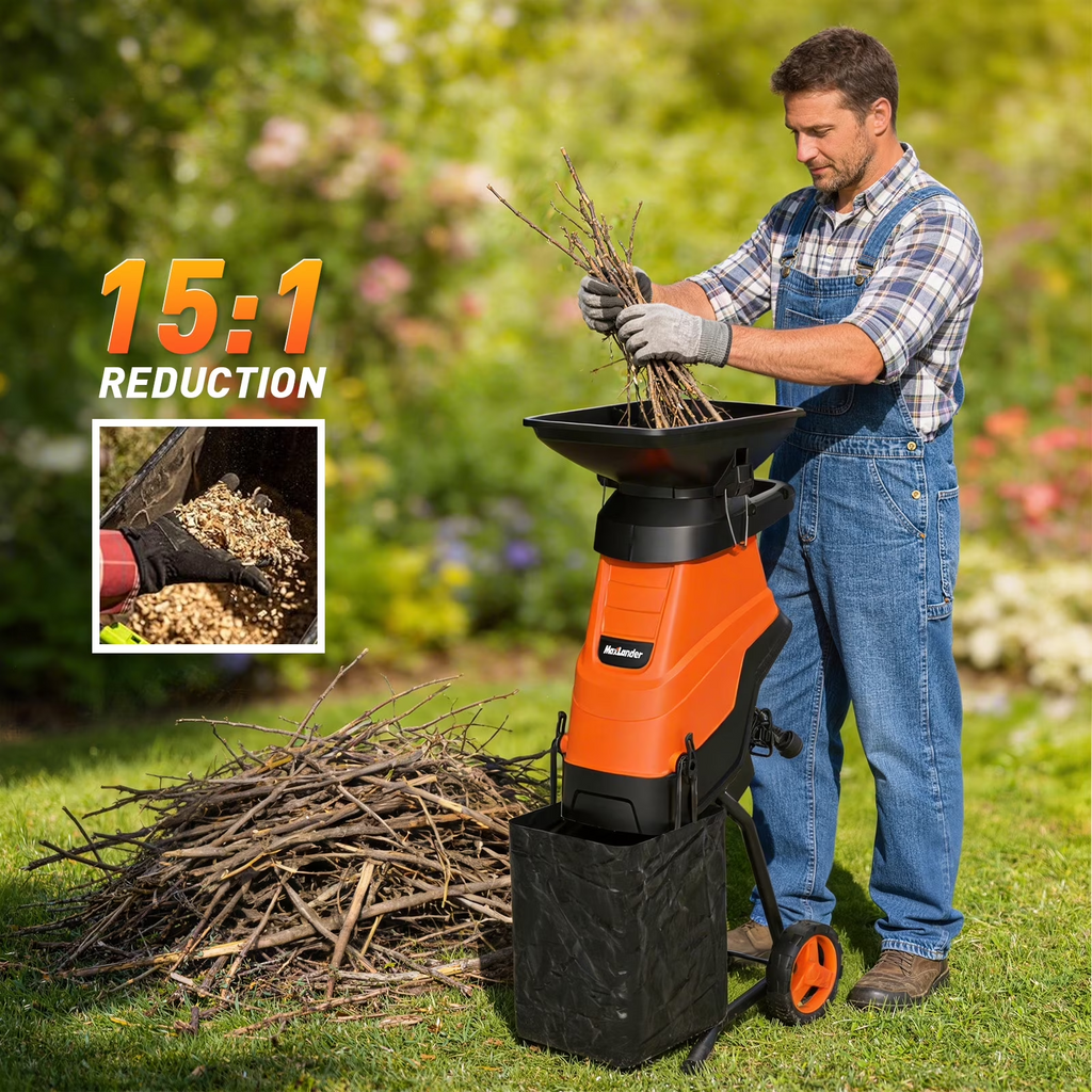 MAXLANDER 15A Corded Wood Chipper Shredder, 1.75in Cutting Capacity, Yard Branch Mulcher with Collection Bag for Composting Twigs & Garden Waste
