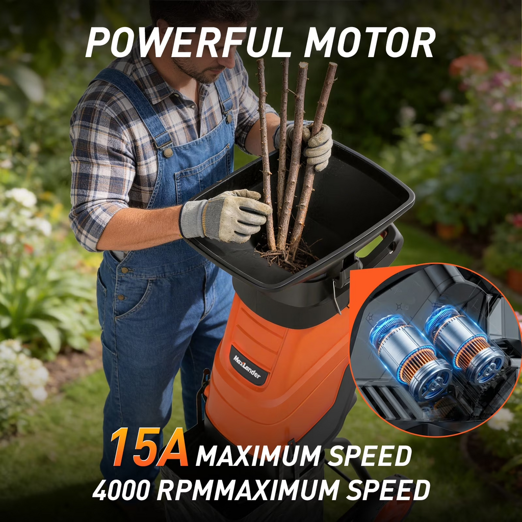 MAXLANDER 15A Corded Wood Chipper Shredder, 1.75in Cutting Capacity, Yard Branch Mulcher with Collection Bag for Composting Twigs & Garden Waste