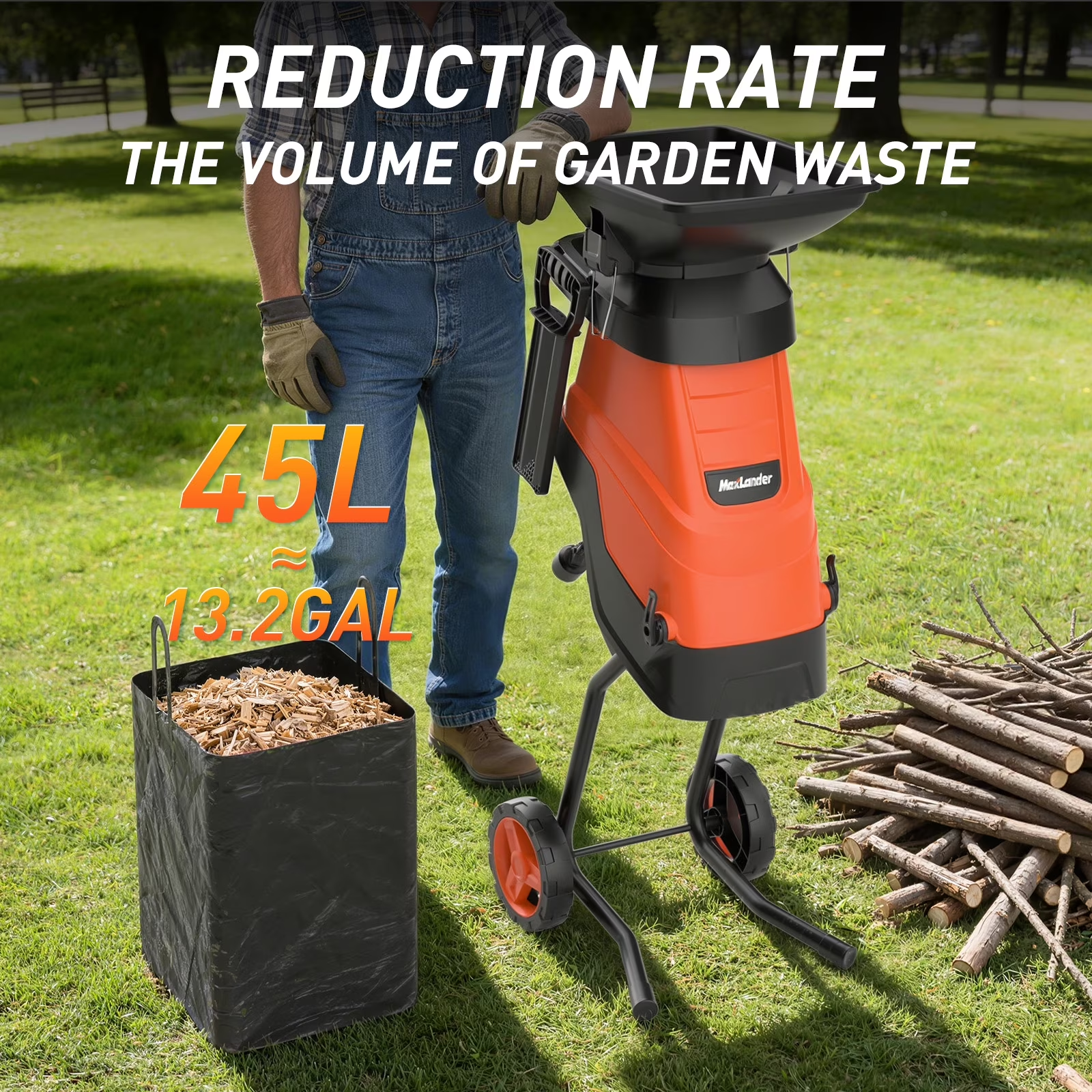 MAXLANDER 15A Corded Wood Chipper Shredder, 1.75in Cutting Capacity, Yard Branch Mulcher with Collection Bag for Composting Twigs & Garden Waste