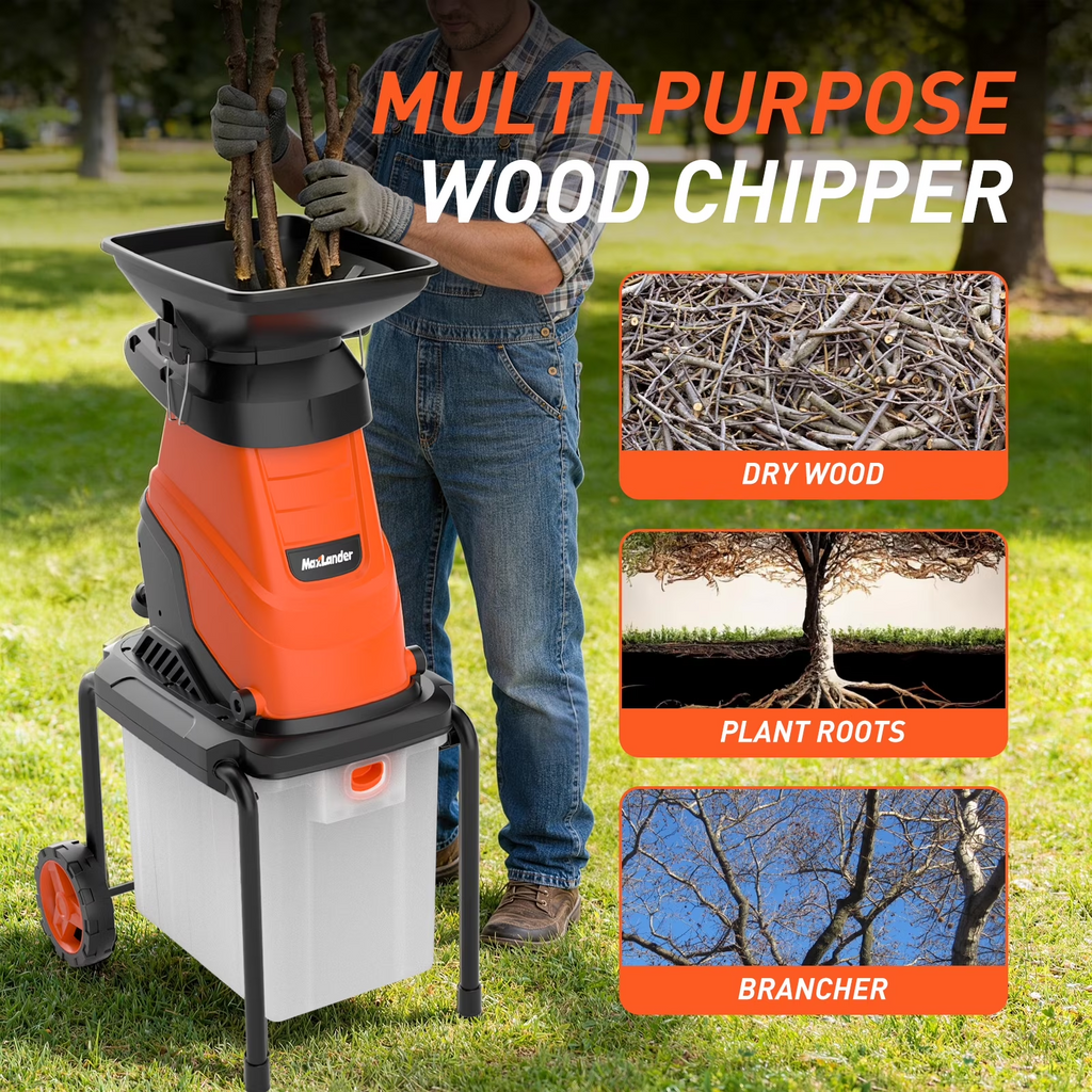 MAXLANDER 15-Amp 120V Heavy-Duty Electric Wood Chipper with 1.2-Bushel Bin