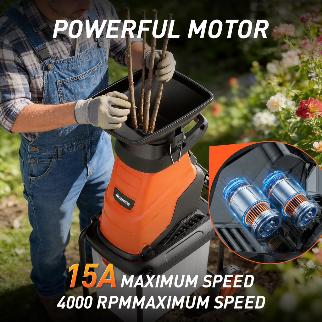 MAXLANDER 15-Amp 120V Heavy-Duty Electric Wood Chipper with 1.2-Bushel Bin