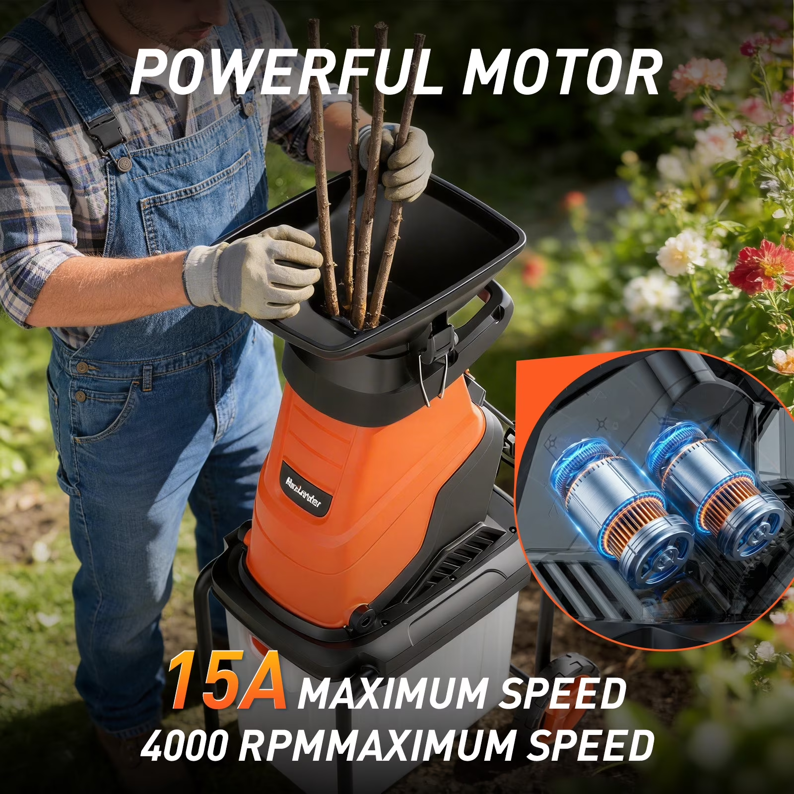 MAXLANDER 15-Amp 120V Heavy-Duty Electric Wood Chipper with 1.2-Bushel Bin