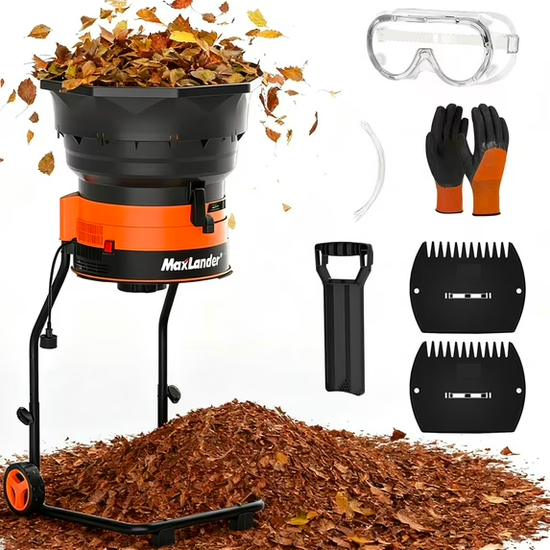 MAXLANDER Electric Leaf Mulcher/Shredder, 15 Amp 8400 RPM, 18:1 Ratio, Adjustable Dial, with Goggles, Leaf Scoops/Gloves, 20 Cutting Lines-Portable Garden/Yard Grinder & Chipper for Wet/Dry Leaves