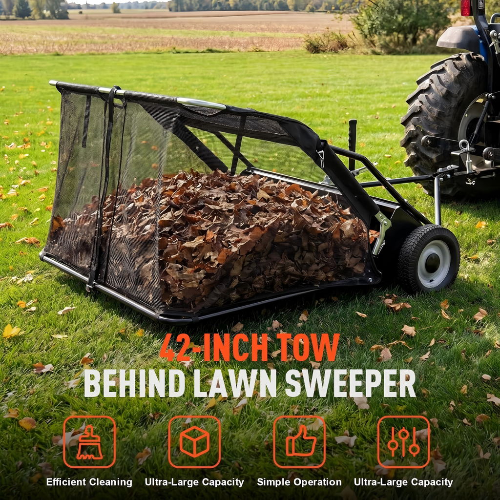 Maxlander 42 Inch Tow-Behind Lawn Sweeper, 12 Cu.Ft Hopper, Adjustable Brushes, Universal Hitch for Lawn Tractor Yard Cleanup