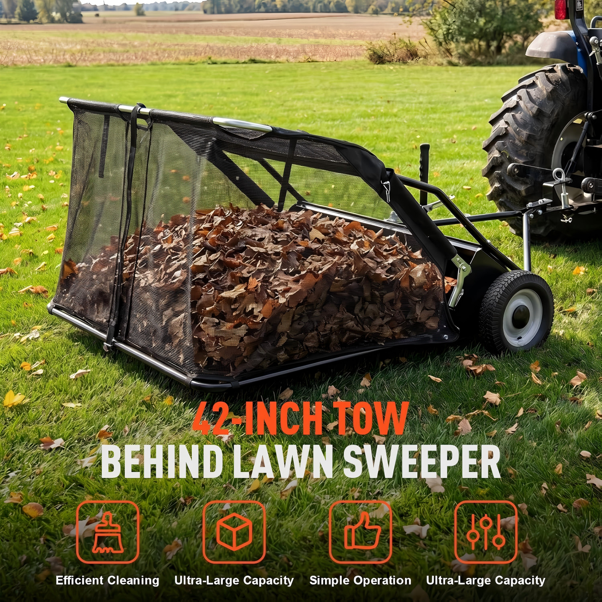 Maxlander 42 Inch Tow-Behind Lawn Sweeper, 12 Cu.Ft Hopper, Adjustable Brushes, Universal Hitch for Lawn Tractor Yard Cleanup
