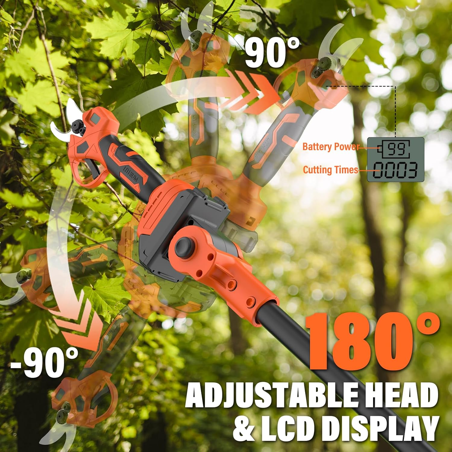 Maxlander Pole Pruning Shears, 1.2" Cutting Diameter, 2 x 3.0Ah Batteries | 2-In-1, Battery-Powered, Brushless Motor, 16500 Rpm/Min, 14 Ft Reach, Lcd Display, Safety Design