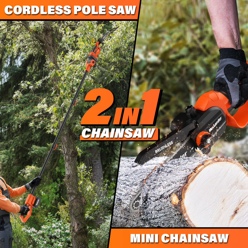 MAXLANDER 2-in-1 20V Cordless Pole Saw & Mini Chainsaw, 8in Bar, 14ft Max Reach, 2 Replacement Chains, 2×Batteries & Charger for Tree Trimming