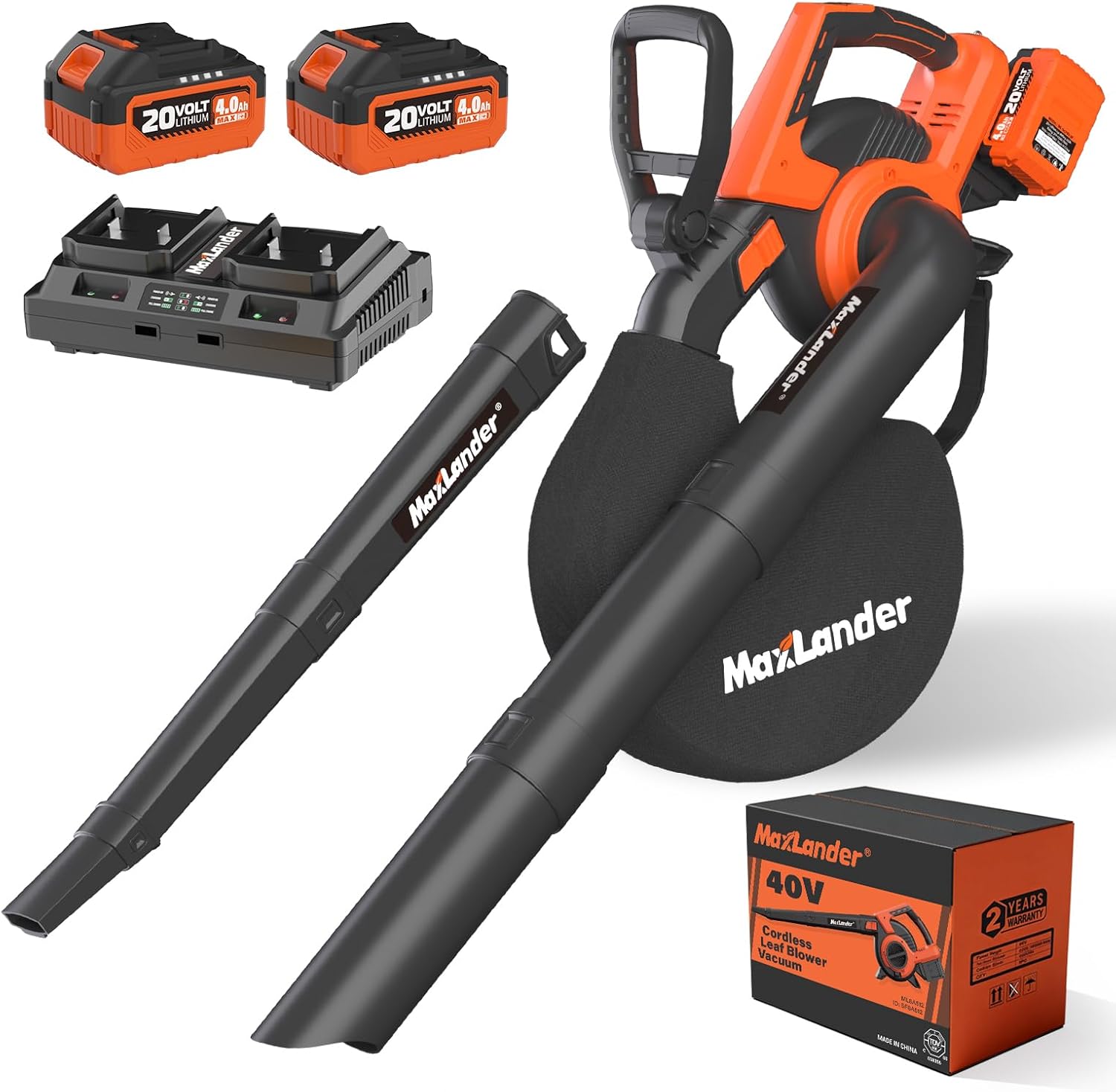 MAXLANDER 40V 3-in-1 Brushless Leaf Blower Vacuum Mulcher, 170MPH 360CFM 5-Speed with Collection Bag, 2×4.0Ah Batteries & Charger for Lawn Care