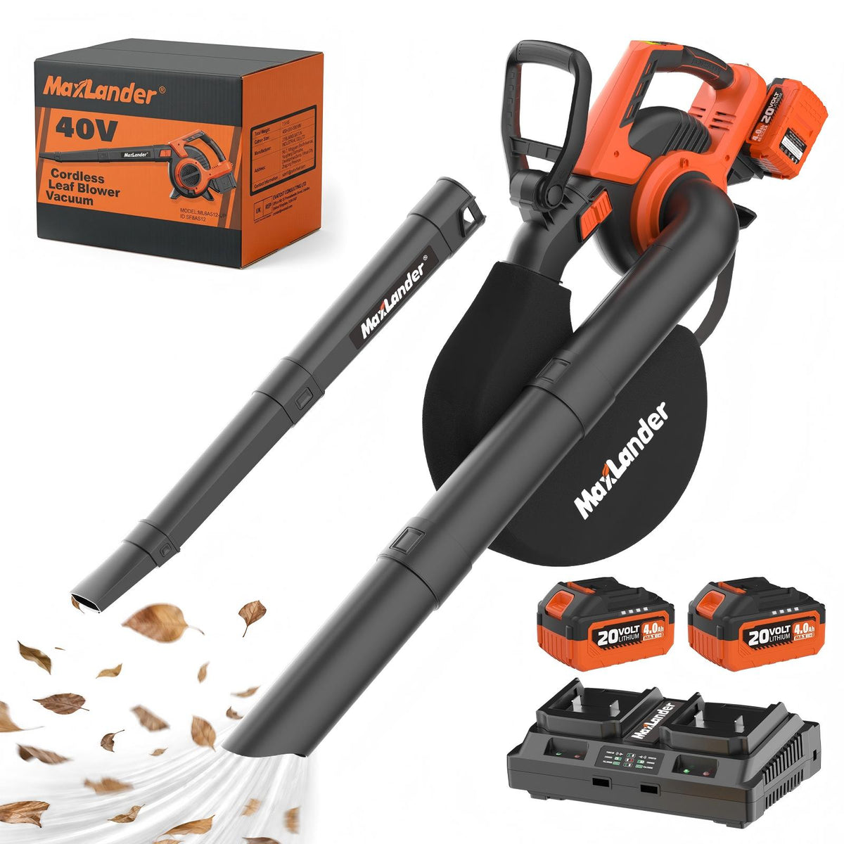 Maxlander 40V Brushless 3-in-1 Cordless Leaf Blower Vacuum Mulcher, 170MPH 360CFM 5-Speed Lawn Leaf Cleaner, 2x4.0Ah Batteries, Charger & Collection Bag Included for Yard Care