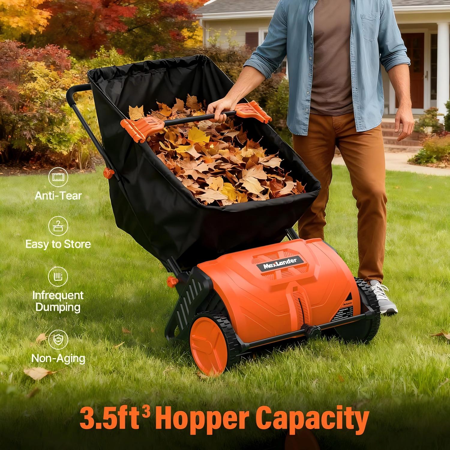MAXLANDER 21-Inch Push Lawn Sweeper, Walk-Behind Leaf & Grass Collector with 3.5 Cu.Ft. Hopper, Adjustable Brush Height for Quick Yard Cleanup Grass Catchers