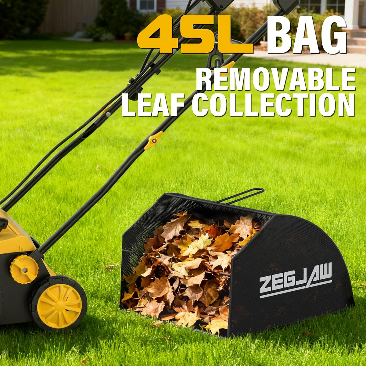 ZEGJAW 15” Artificial Turf Sweeper, 13 Amp Lawn Sweeper, Support 5-Position Depth Adjustment with 45L Removable Collection Bag, Quick-Fold, for Artificial Grass, Keep Your Yard Tidy