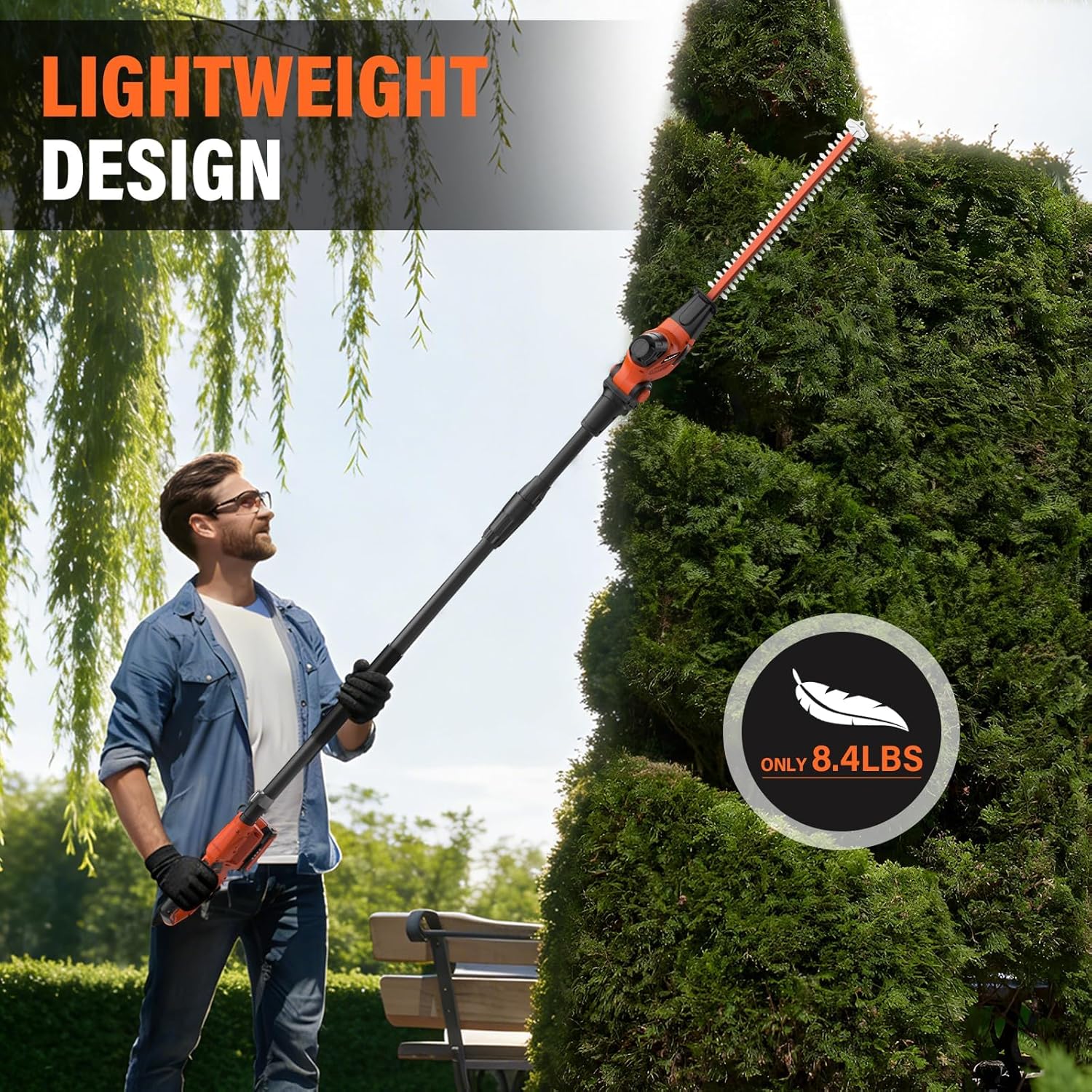 MAXLANDER 18in Cordless Pole Hedge Trimmer, 16ft Max Reach with Extension Pole, Multi-Angle Adjustable, 2×2.0Ah Batteries & Charger Included for Yard Trimming