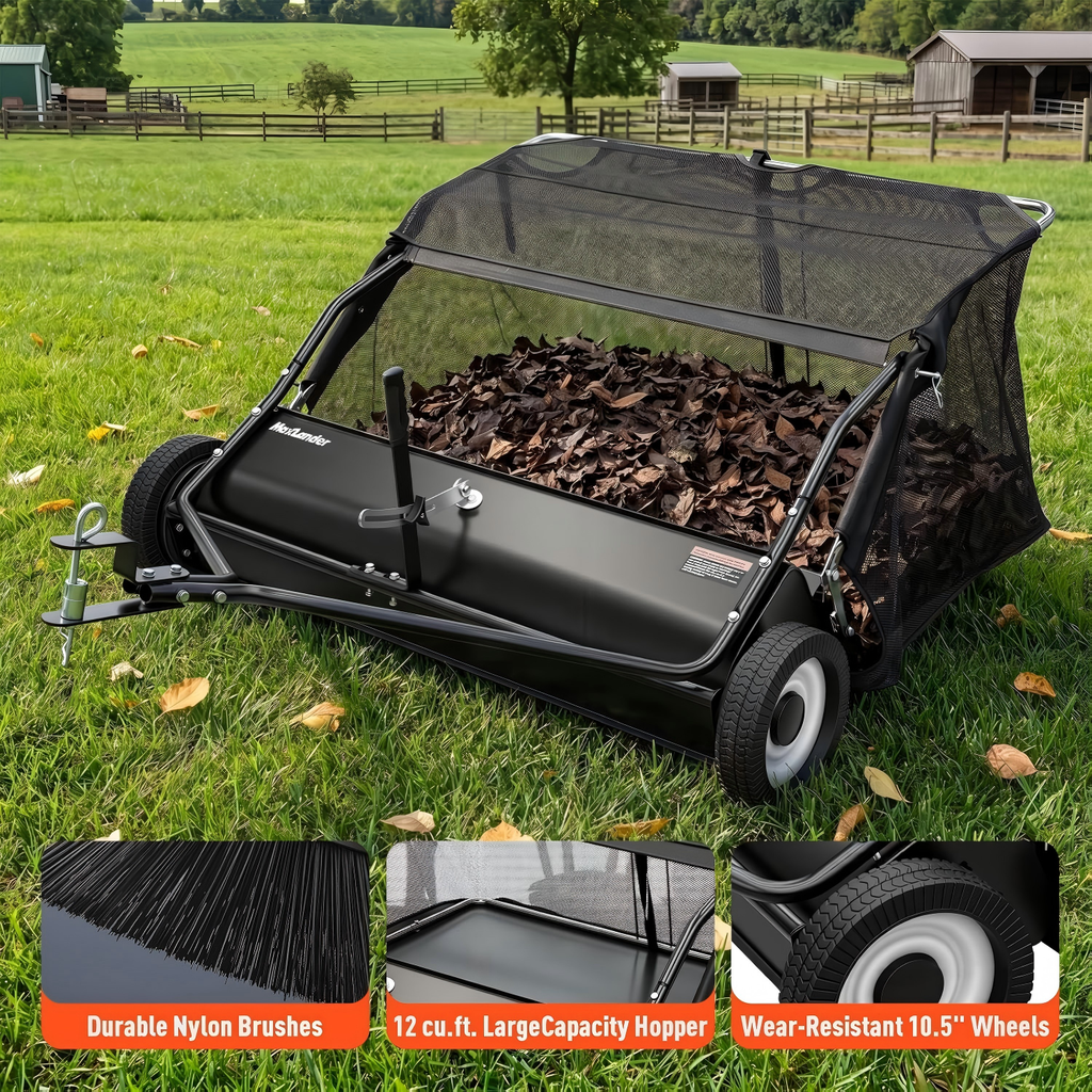Maxlander 42 Inch Tow-Behind Lawn Sweeper, 12 Cu.Ft Hopper, Adjustable Brushes, Universal Hitch for Lawn Tractor Yard Cleanup