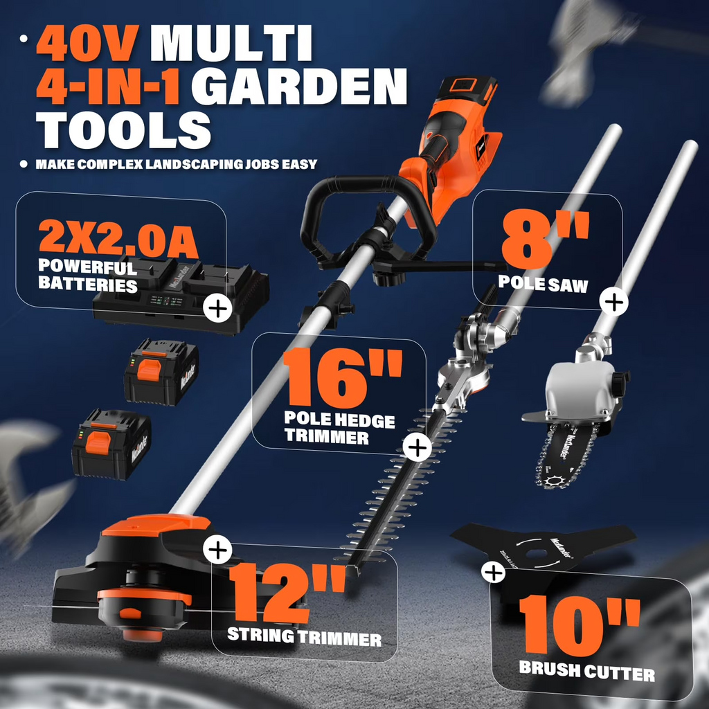 MAXLANDER 40V Cordless Weed Wacker, 4-in-1 Lawn Tool with Hedge Trimmer, 8-inch Pole Saw & Brush Cutter, 2×20V 4Ah Batteries & Charger Included