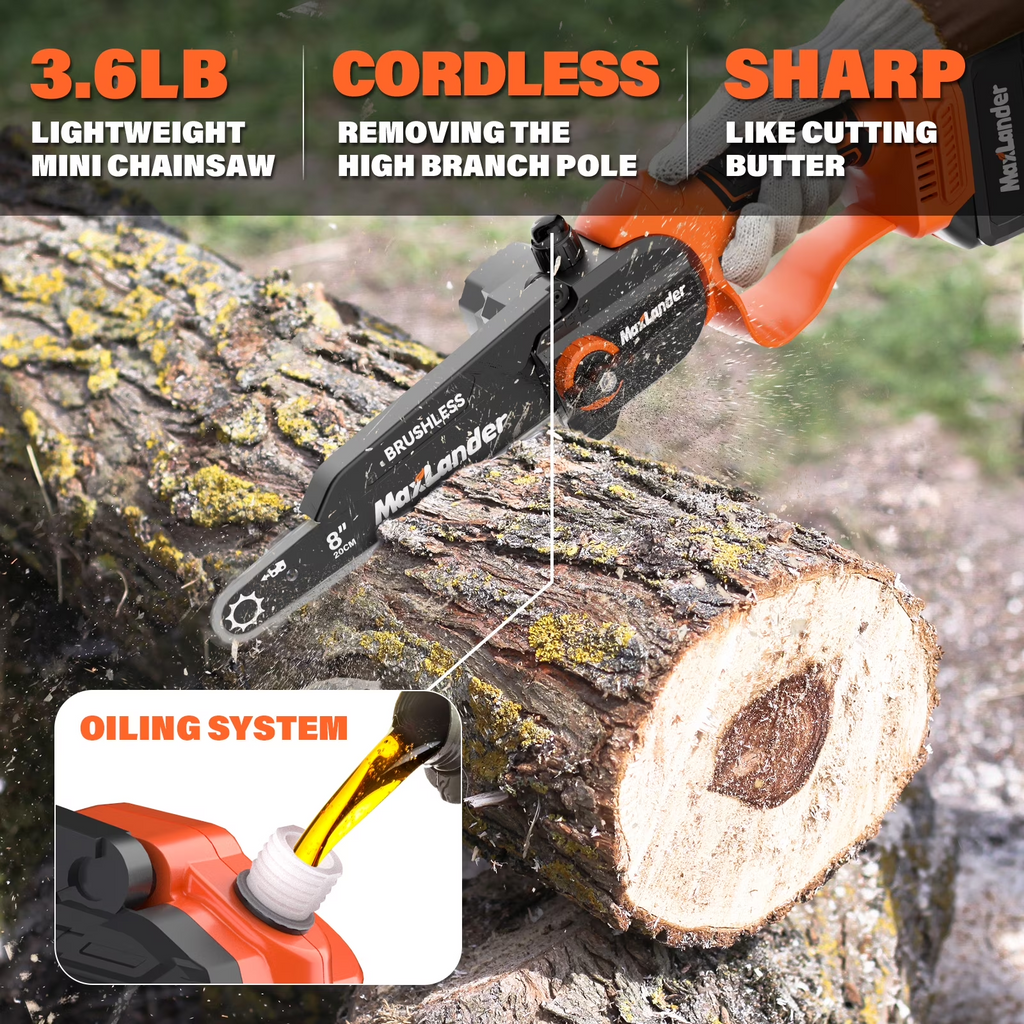 MAXLANDER 2-in-1 20V Cordless Pole Saw & Mini Chainsaw, 8in Bar, 14ft Max Reach, 2 Replacement Chains, 2×Batteries & Charger for Tree Trimming
