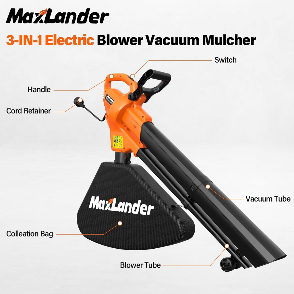 MAXLANDER 3 in 1 Electric Corded Leaf Blower, Leaf Vacuum and Leaf Mulcher | 460CFM 170MPH Powerful Leaf Vacuum with 34L Collection Bag, 10:1 Mulch Ratio, Corded Leaf Blowers for Lawn Yard Cleanup
