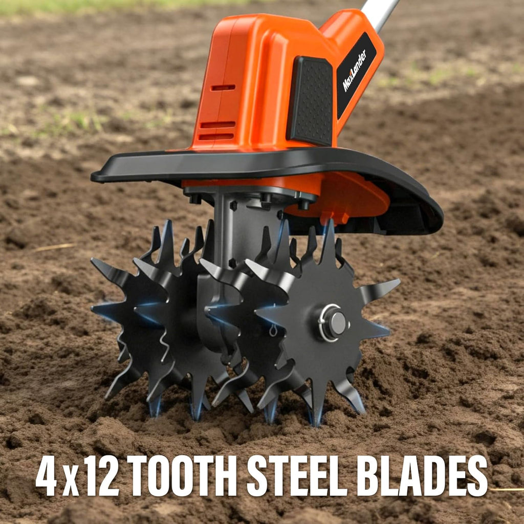 MAXLANDER 20V Cordless Garden Tiller, 9in Width, 48 Steel Tines, 360RPM Rototiller, 2×3.0Ah Batteries & Charger for Yard Soil Work