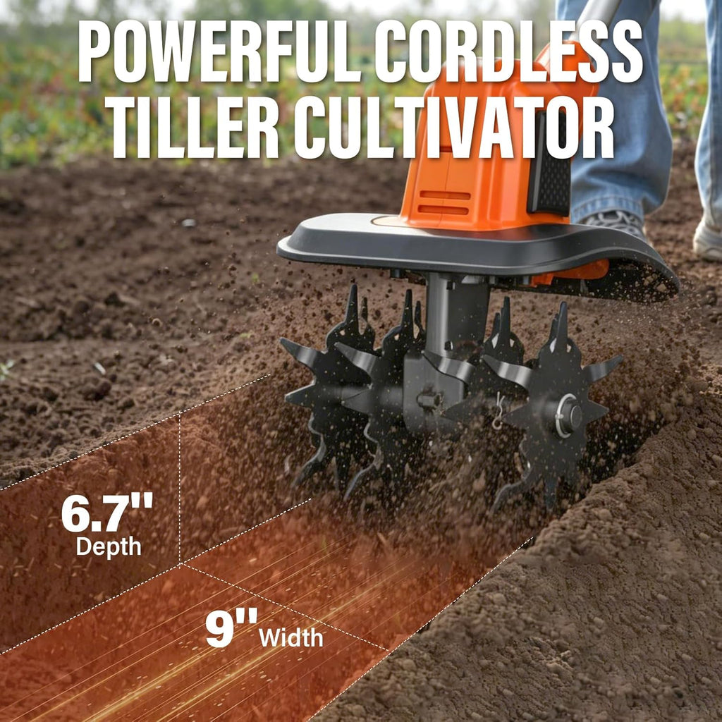 MAXLANDER 20V Cordless Garden Tiller, 9in Width, 48 Steel Tines, 360RPM Rototiller, 2×3.0Ah Batteries & Charger for Yard Soil Work