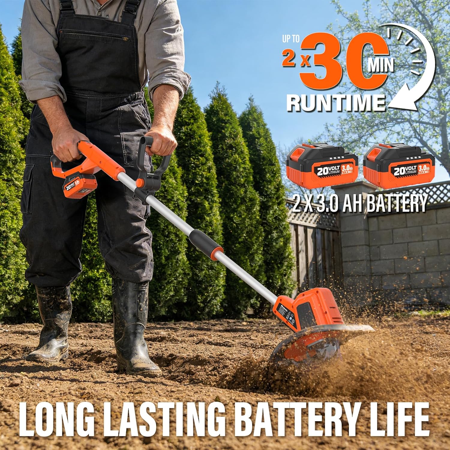 MAXLANDER 20V Cordless Garden Tiller, 9in Width, 48 Steel Tines, 360RPM Rototiller, 2×3.0Ah Batteries & Charger for Yard Soil Work