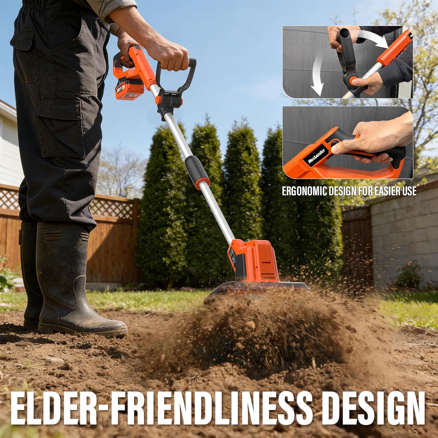 MAXLANDER 20V Cordless Garden Tiller, 9in Width, 48 Steel Tines, 360RPM Rototiller, 2×3.0Ah Batteries & Charger for Yard Soil Work