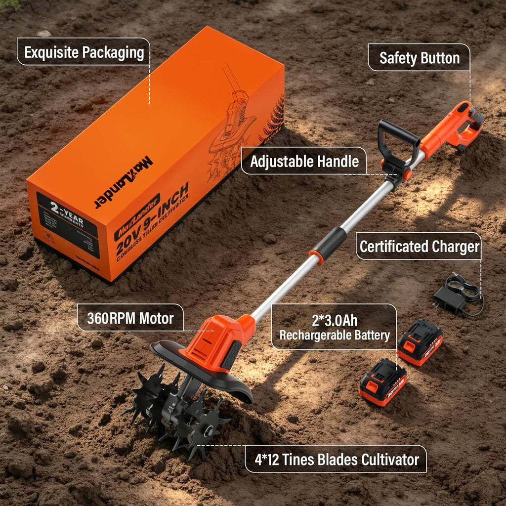 MAXLANDER 20V Cordless Garden Tiller, 9in Width, 48 Steel Tines, 360RPM Rototiller, 2×3.0Ah Batteries & Charger for Yard Soil Work