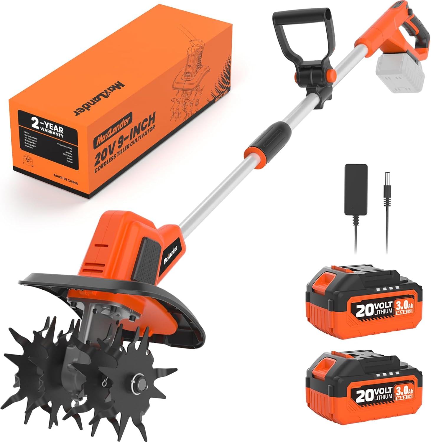 MAXLANDER 20V Cordless Garden Tiller, 9in Width, 48 Steel Tines, 360RPM Rototiller, 2×3.0Ah Batteries & Charger for Yard Soil Work