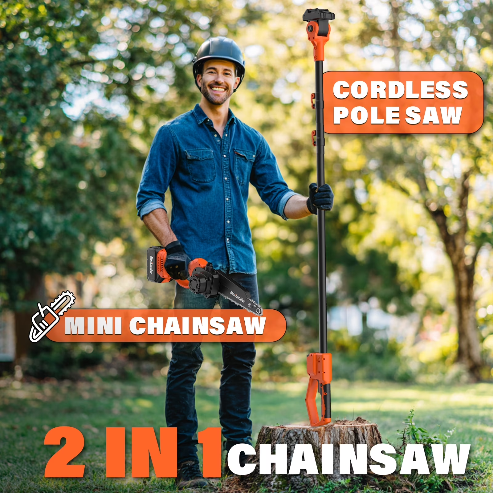 MAXLANDER 2-in-1 20V Cordless Pole Saw & Mini Chainsaw, 8in Bar, 14ft Max Reach, 2 Replacement Chains, 2×Batteries & Charger for Tree Trimming