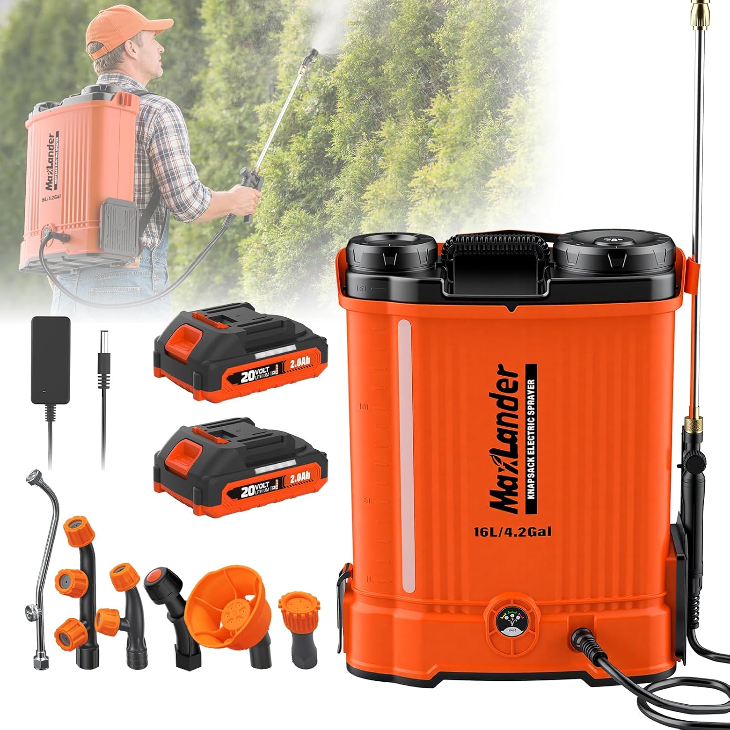 Maxlander 4.2 Gal Battery Powered Backpack Sprayer with 2 x 2.0Ah Battery | 90 Psi Adjustable Pressure, 6 Spray Nozzles, Reach Over 17 Feet, 2 Hours Runtimes, Waist Support