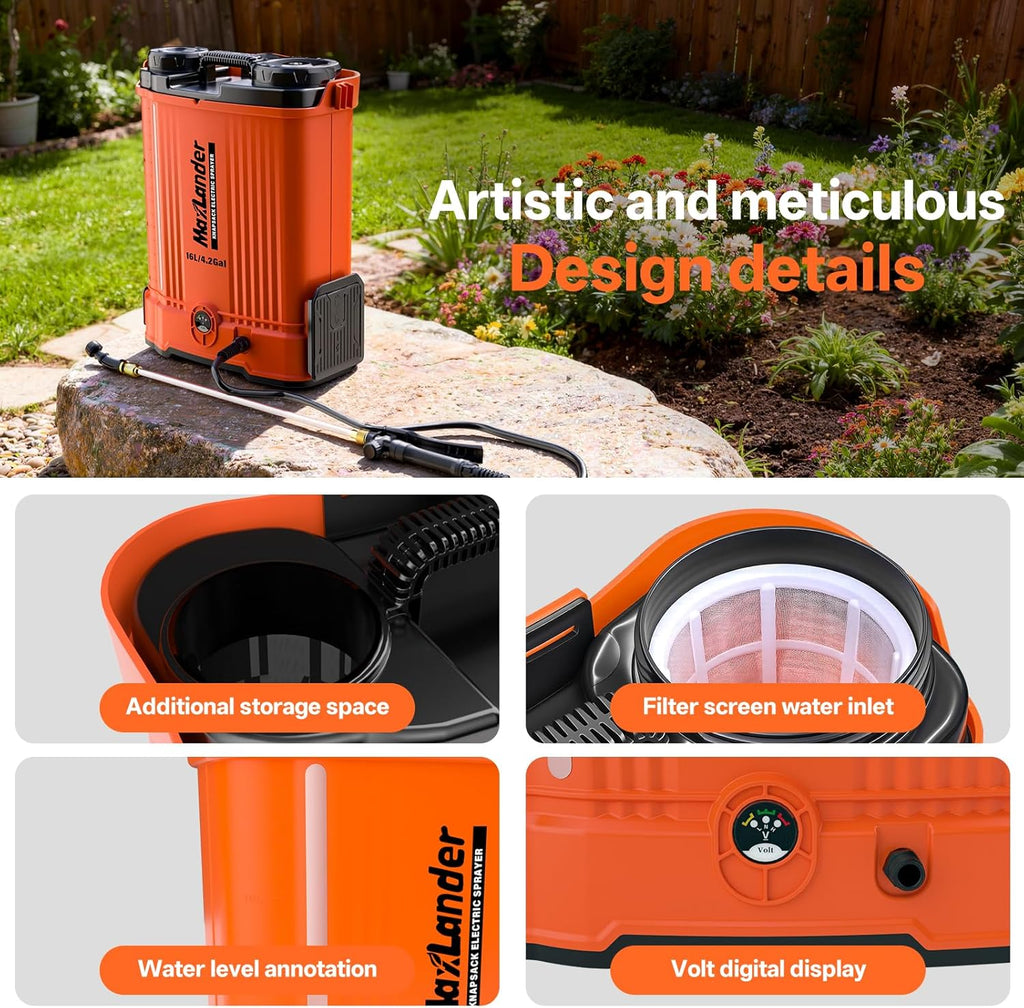 Maxlander 4.2 Gal Battery Powered Backpack Sprayer with 2 x 2.0Ah Battery | 90 Psi Adjustable Pressure, 6 Spray Nozzles, Reach Over 17 Feet, 2 Hours Runtimes, Waist Support