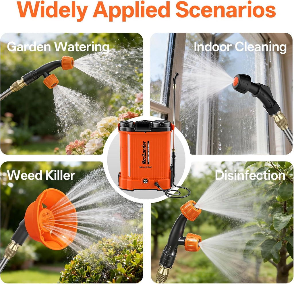 Maxlander 4.2 Gal Battery Powered Backpack Sprayer with 2 x 2.0Ah Battery | 90 Psi Adjustable Pressure, 6 Spray Nozzles, Reach Over 17 Feet, 2 Hours Runtimes, Waist Support
