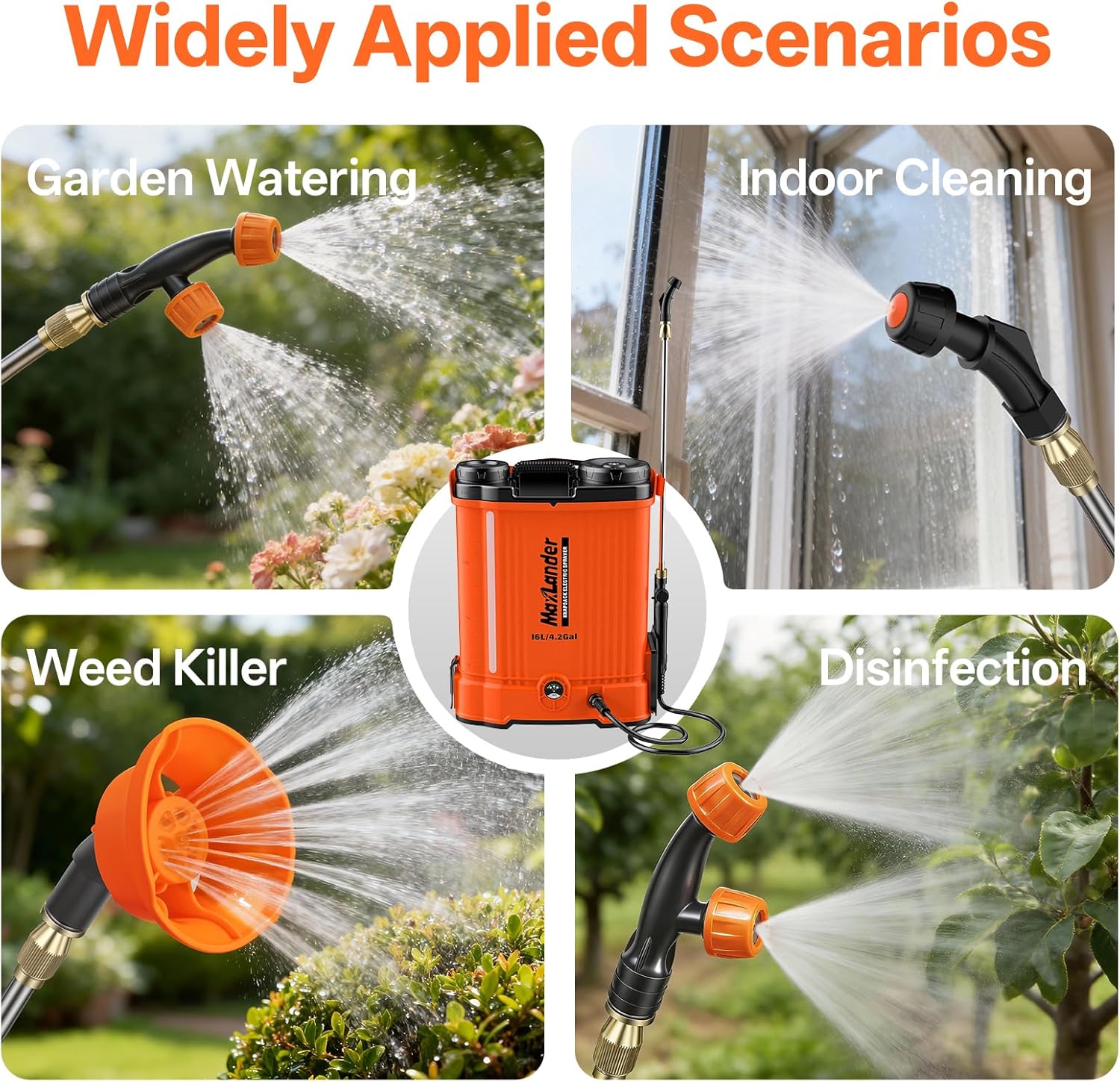 Maxlander 4.2 Gal Battery Powered Backpack Sprayer with 2 x 2.0Ah Battery | 90 Psi Adjustable Pressure, 6 Spray Nozzles, Reach Over 17 Feet, 2 Hours Runtimes, Waist Support