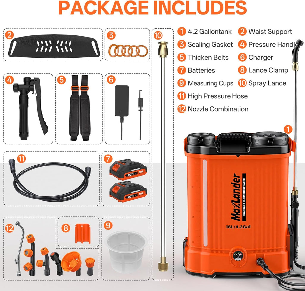 Maxlander 4.2 Gal Battery Powered Backpack Sprayer with 2 x 2.0Ah Battery | 90 Psi Adjustable Pressure, 6 Spray Nozzles, Reach Over 17 Feet, 2 Hours Runtimes, Waist Support