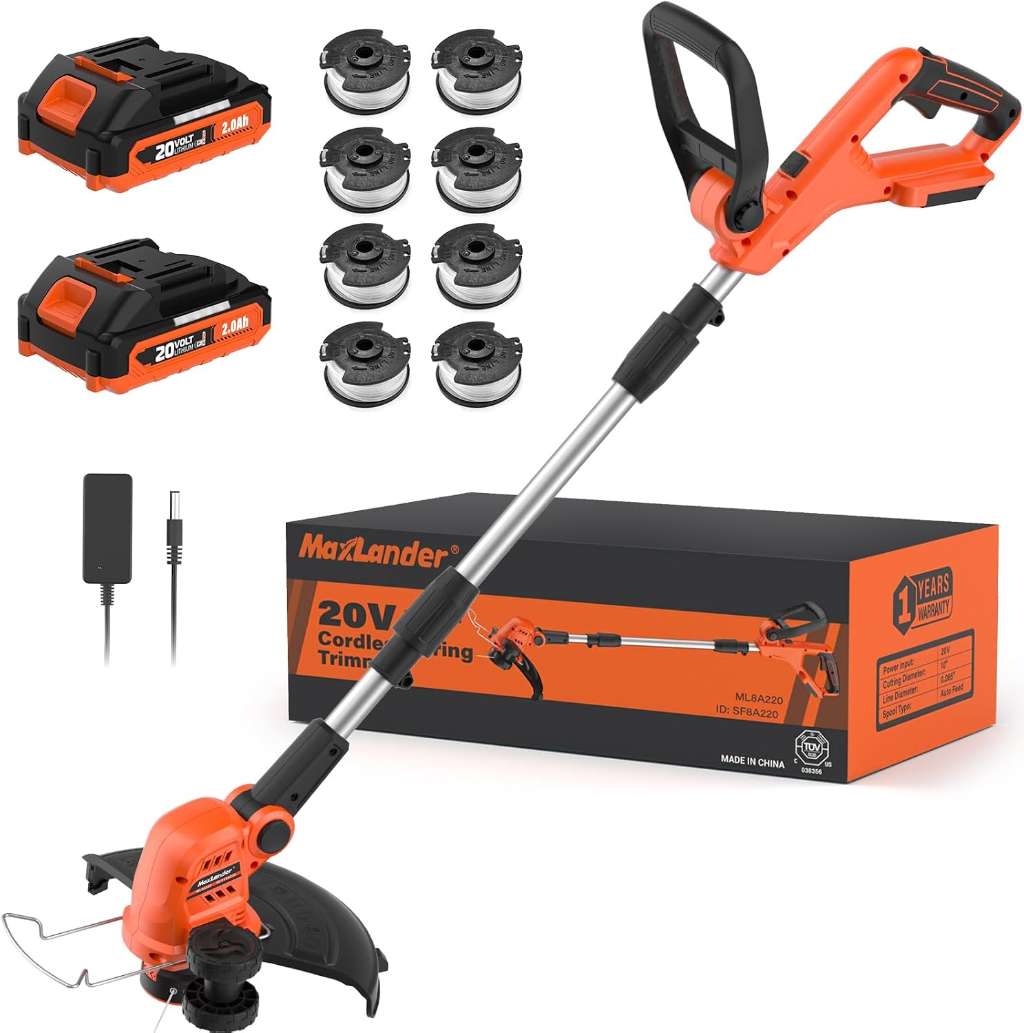 MAXLANDER 20V 12in Cordless String Trimmer Edger, Battery Weed Wacker, Lightweight Trimmer, 2×2.0Ah Batteries, Charger & 8 Replacement Spools for Lawn Garden