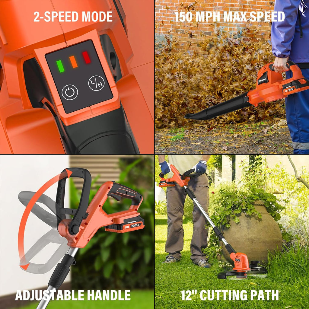 MAXLANDER 20V 12'' Cordless Weed Wacker/Edger and Leaf Blower Combo Kit, 8 Pcs Replacement Spools, 2 x 2.0Ah Batteries & Charger Included