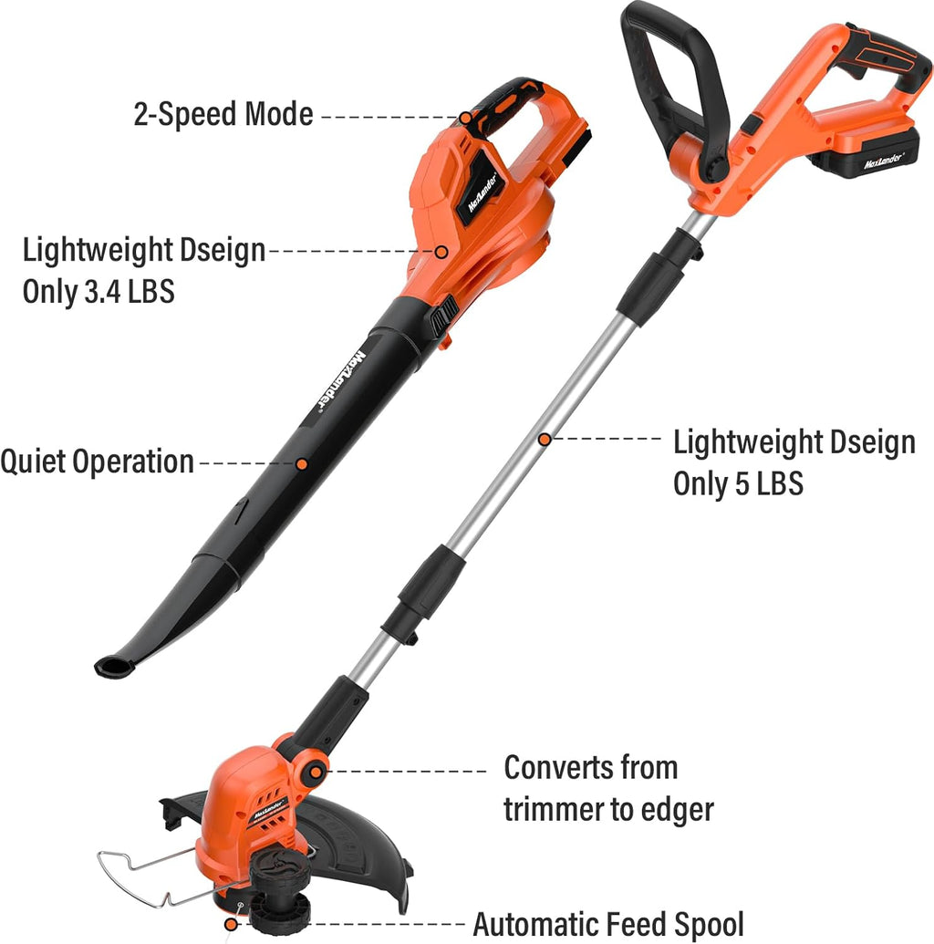 MAXLANDER 20V 12'' Cordless Weed Wacker/Edger and Leaf Blower Combo Kit, 8 Pcs Replacement Spools, 2 x 2.0Ah Batteries & Charger Included