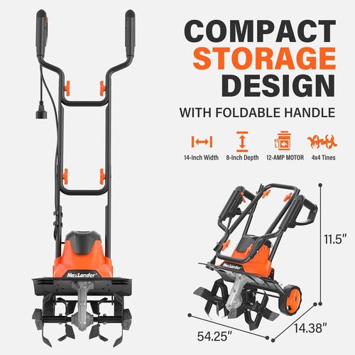 MAXLANDER 14in 12A Corded Electric Garden Tiller Cultivator, Foldable Handle, 4 Steel Tines & Wheels, Rototiller for Lawn Yard Soil Cultivation