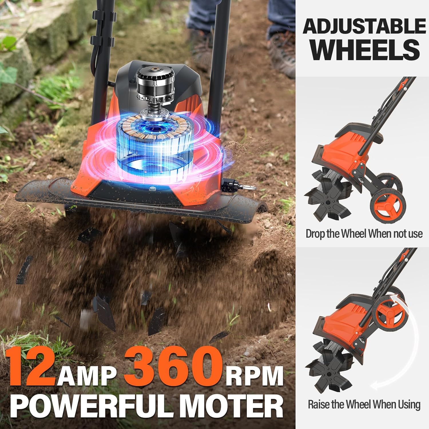 MAXLANDER 14in 12A Corded Electric Garden Tiller Cultivator, Foldable Handle, 4 Steel Tines & Wheels, Rototiller for Lawn Yard Soil Cultivation